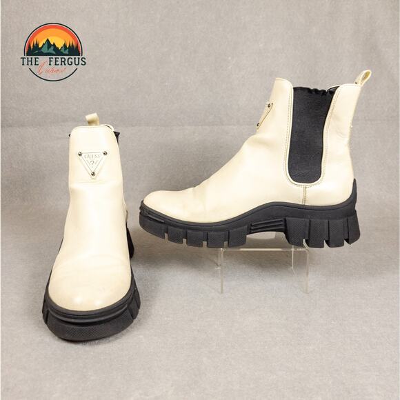 Guess Shoes - Guess Hestia Chelsea Boots White Black Lug Sole Leather Ankle Women's Size 9.5M